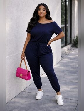 Plus Size Navy Jumpsuit Wide Neck Elastic Waist Soft Comfy Fit